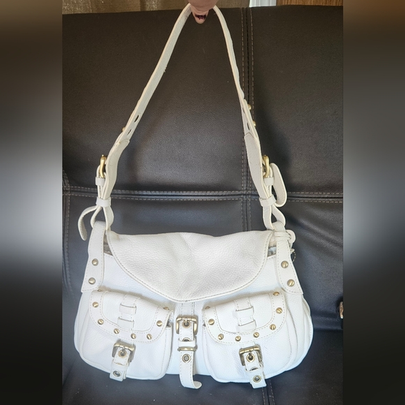 Y2k Lucé White Leather Hobo Flap Bag Pleated Studded Shoulder Purse Luce - Picture 1 of 15